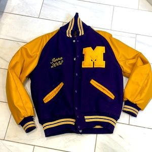 Vintage Delong varsity “letterman’s” jacket, 2002. Purple and gold, M